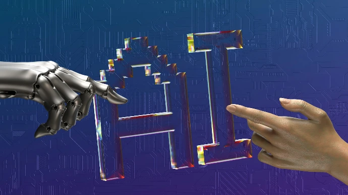robot and human hands reaching toward ai text